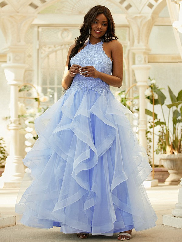 Robe longue sans manches à appliques en tulle et col licou